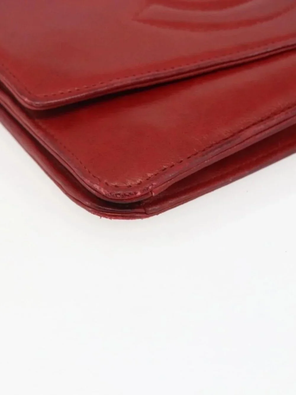 CHANEL Long Wallet Grained Calf Skin Red Gold CC Auth 166826